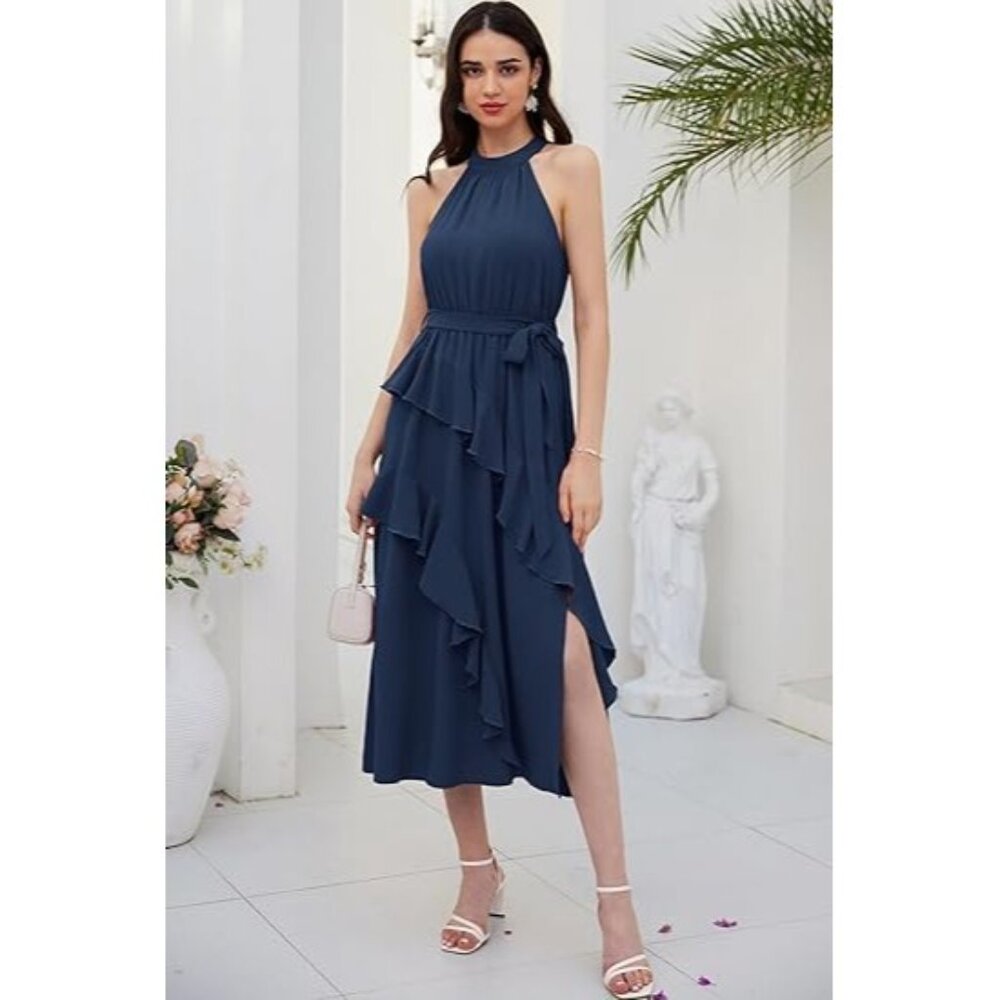 NWT Grace Karin Womens Halter Neck Ruffle Midi Dress Size L With Belt Blue Flowy